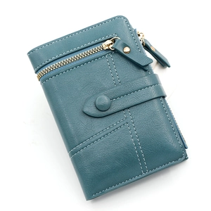 Blue short PU leather women's tri-fold wallet with buckle closure and zipper coin pocket