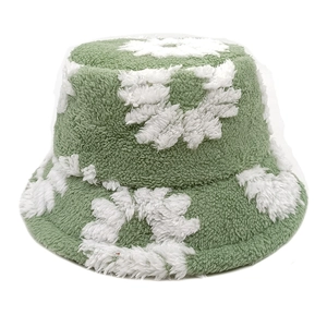 Winter grass green teddy fleece bucket hat with white sunflower pattern for women