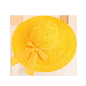 Bright yellow wide brim straw sun hat with woven texture and matching bow detail