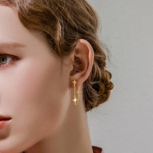 Detail of elegant gold star fringe earrings with dangling chains worn by a model