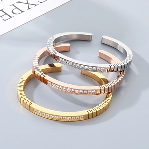 Stainless Steel Open Cuff Bangle Bracelet With Inlaid Zircon Geometric Grooved Texture Elegant Jewelry For Women Men