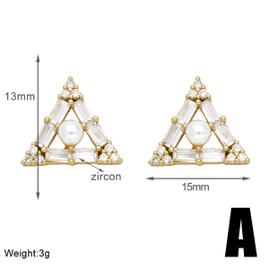 Detail showing 13mm by 15mm dimensions and 3g weight for golden pearl triangle earrings