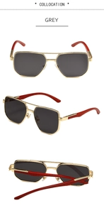 Detailed views of retro square sunglasses with gold metal frame and wood grain temples