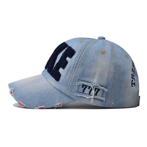 Vintage washed light blue denim baseball cap with 3D embroidery and distressed brim