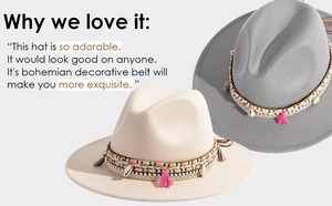 Detail of beige and grey felt hats with bohemian belts featuring tassels and shells