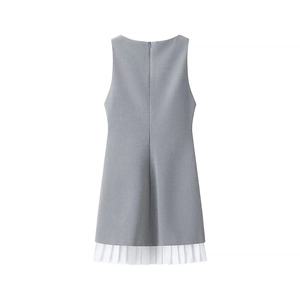 Minimalist grey sleeveless boat neck dress with white pleated hem in flat lay view