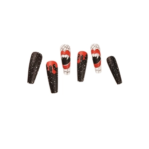 Halloween long coffin press-on nails with spider web and vampire blood drip designs