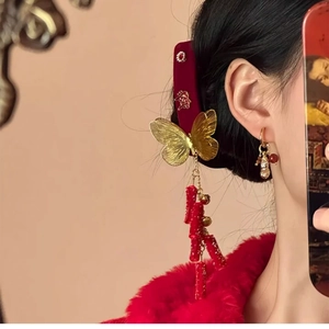 Elegant red velvet hair clip with golden butterfly, tassels and matching earrings set