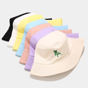 Cotton bucket hat with cartoon frog embroidery in multiple colors like yellow and blue