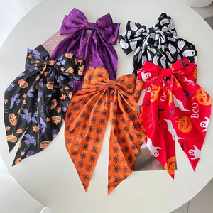 Large Bow Hair Clip Satin Fabric Long Ribbon Streamer Halloween Pumpkin Ghost Spider Web Pattern Party Accessory For Women
