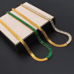 18k gold plated stainless steel flat snake chain necklace with colorful zircon gemstones
