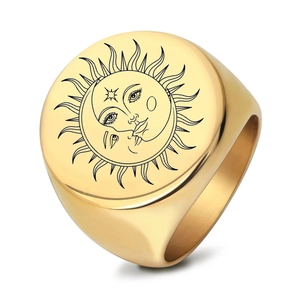 Sun Moon Totem Signet Ring 304 Stainless Steel Laser Engraved Round Flat Top Mystical Bohemian Vintage Jewelry For Men