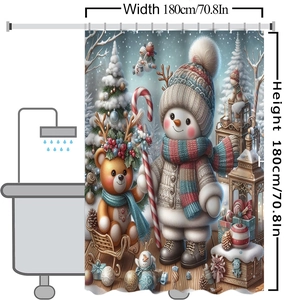 Detailed Christmas shower curtain with snowman and teddy bear motifs in 180x180cm size