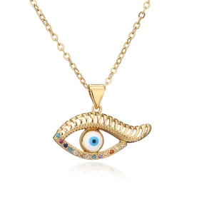 Gold-plated Turkish evil eye pendant necklace with colorful zircons and blue eye center