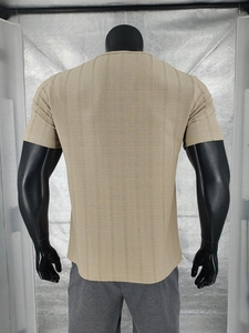 Detail of khaki linen-like textured fabric on men's V-neck breathable summer t-shirt
