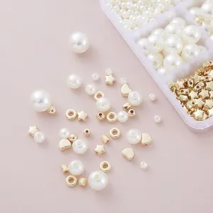 DIY jewelry making kit with 720 white pearls and golden star beads in a storage box
