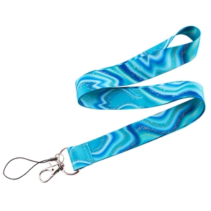 Detail of blue marble pattern lanyard with metal lobster clasp and nylon attachment