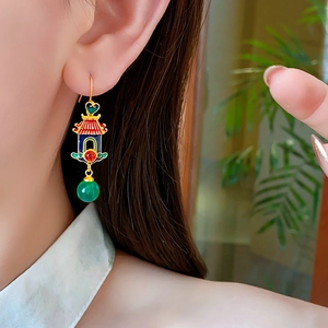 Detail of Chinese style enamel lantern earrings with colorful drip oil and green bead