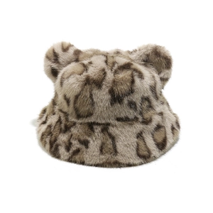 Detail of leopard print faux fur bucket hat with cute bear ears and plush texture