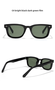 Detail view of model C4 square black sunglasses with dark green lenses and silver rivet hinges