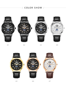 Variantes de color de relojes para hombre con fase lunar, correa de cuero y números romanos