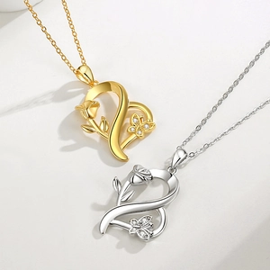 Elegant S925 silver heart necklace with rose and butterfly pendants in gold and silver