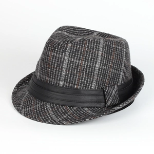 Classic British style wool fedora hat with a plaid pattern and black leather band decoration