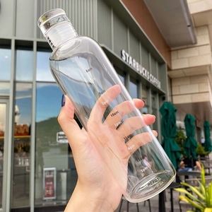 Close-up of a clear plastic water bottle with time markers and measurements for daily hydration