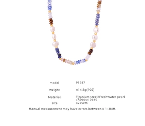 Detail shot of pearl and steel necklace with full specifications and measurements