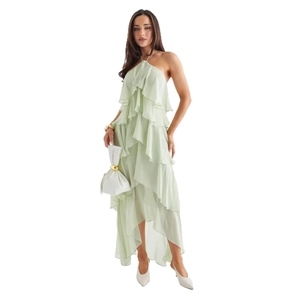 Elegant light green halter neck tiered ruffle maxi dress for summer beach vacation