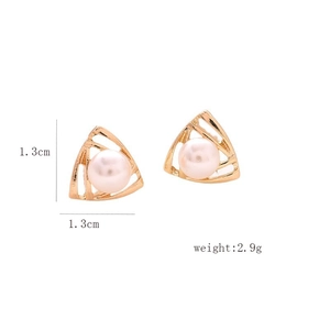 Detail view of 1.3cm gold triangle stud earrings with pearl and dimensions labels