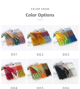 Color options display of thick rainbow plaid mohair scarves with long tassels for winter