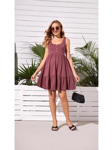 Sleeveless maternity A-line dress in dark reddish brown with button front detail