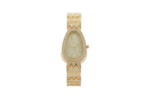 Detailed view of luxury gold snake-shaped watch with crystal-encrusted teardrop dial