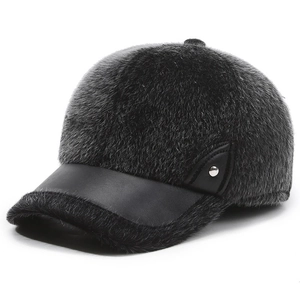 Faux mink fur winter baseball cap for men featuring hidden earflaps and leather brim detail