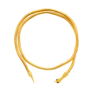 Golden snake-shaped necklace with detailed scales and black rhinestone-set serpent head