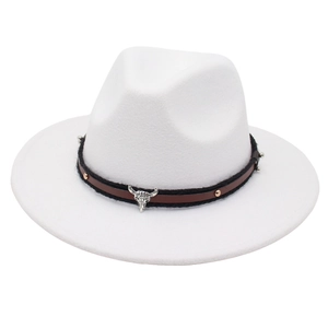White felt fedora hat with western bull head buckle and leather band decoration
