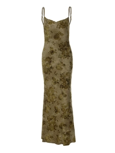 Sexy backless tie-dye maxi dress with floral print and chain strap detail in slim fit