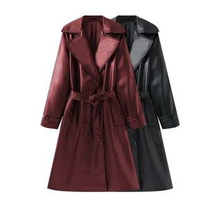 Women's long faux leather trench coat with lapel and waist belt in burgundy and black