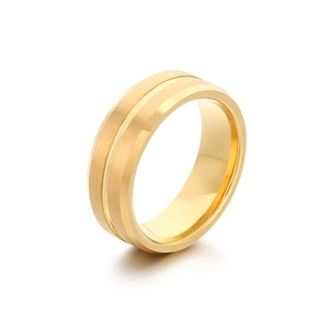 Minimalist matte gold tungsten ring with brushed finish and polished center groove