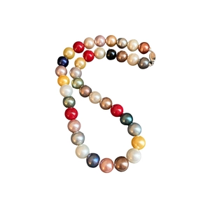 Elegant multi-colored pearl necklace with high luster on a clean white background