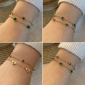 Vintage Emerald Green Glass Star Heart Layered Bracelet Stainless Steel Electroplated Elegant Jewelry For Women