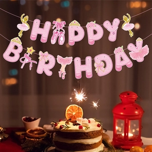 Pink glitter ballet theme Happy Birthday banner with golden ballerina and crown elements
