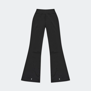 Close-up of high-waist flared yoga pants in black stretch fabric with X embroidery