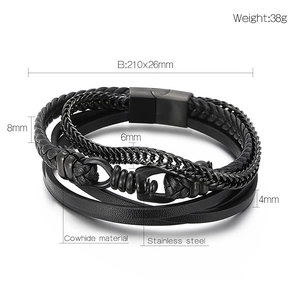 Men's multi-layer braided leather and stainless steel bracelet set in black punk style