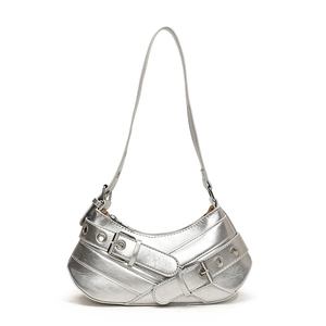 Y2K silver metallic hobo bag with cracked leather texture and eyelet strap detail