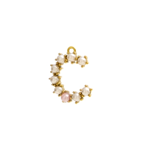 Detail of letter C pendant with white and pink pearls on a gold-plated base