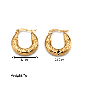 Detailed view of gold stainless steel hoop earrings with hammered texture and dimensions