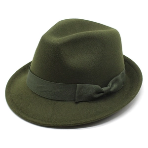 Classic dark green wool felt fedora hat with matching ribbon bow on white background