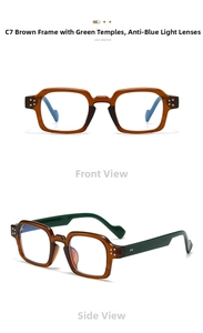 Detail view of square tortoiseshell frames with green temples and silver rivet accents